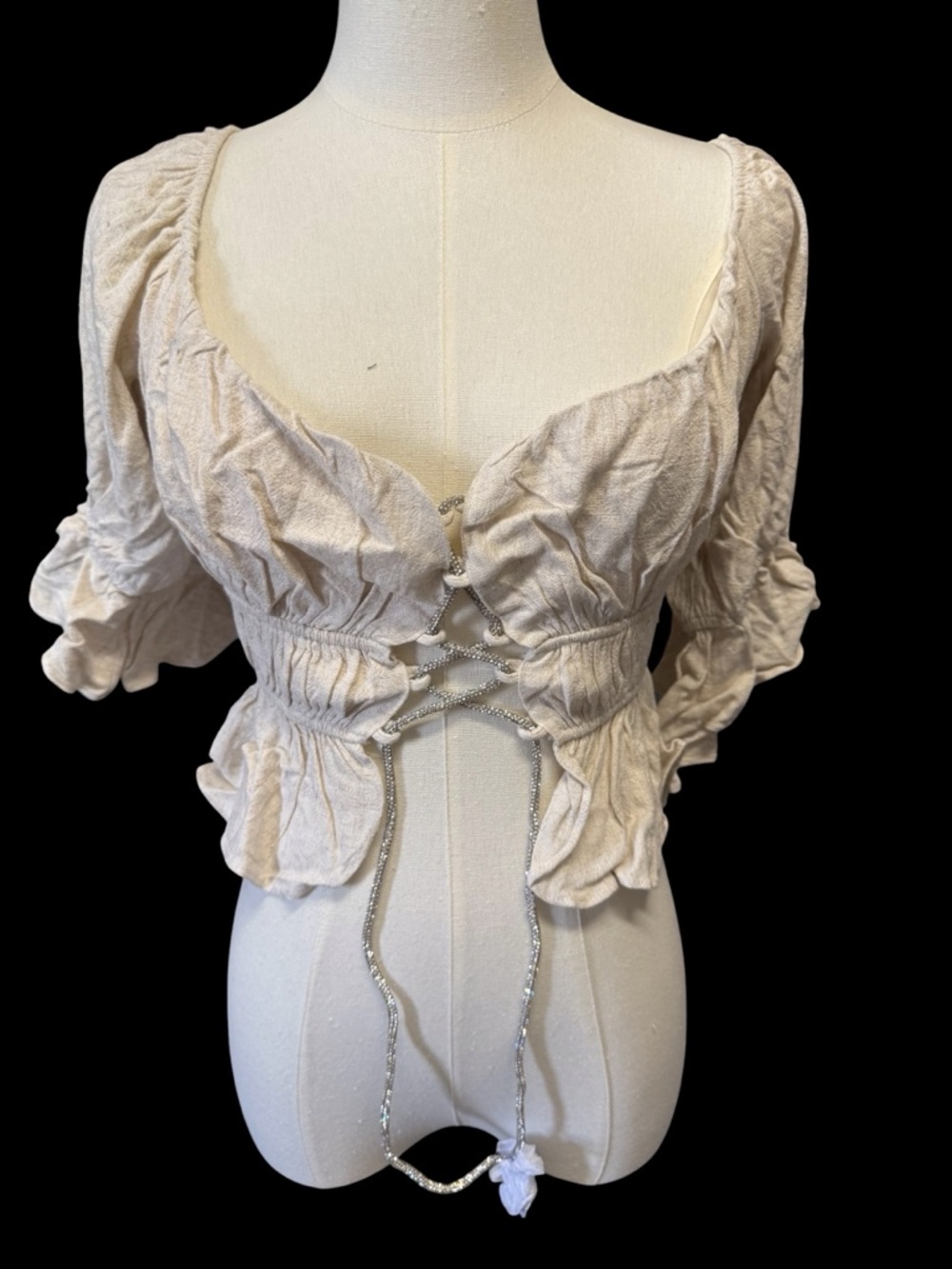 Tie-Front Ruched Peplum Blouse in Cream